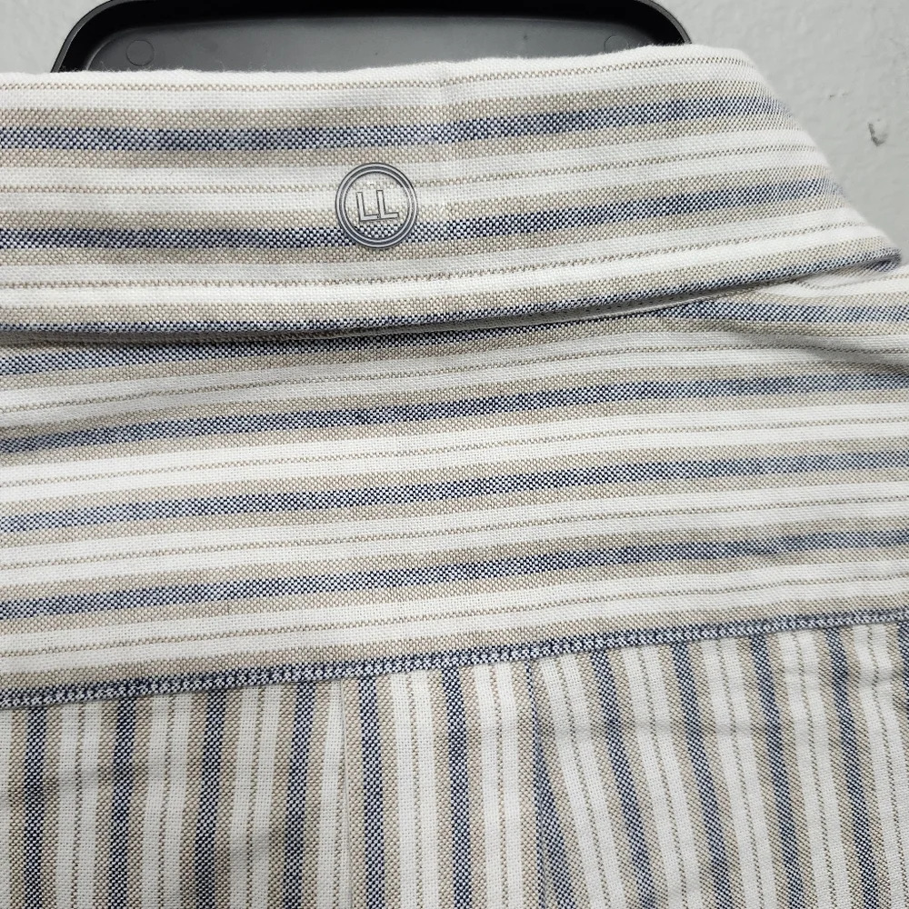 Organic cotton men's button-down shirt large long stripped cream and blue - Picture 9 of 9